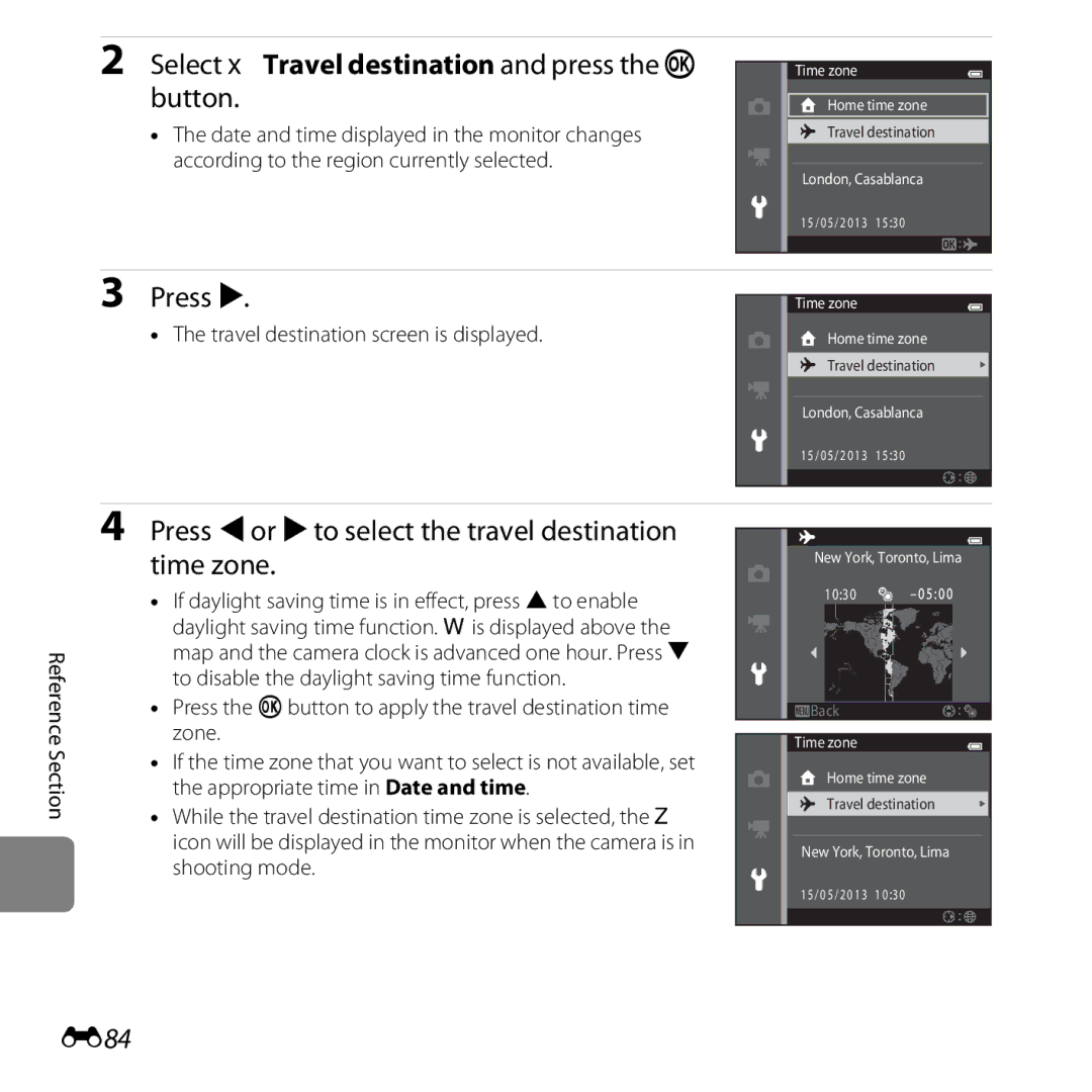 Nikon 26377, S5200 Select xTravel destination and press the k button, Press K, E84, Travel destination screen is displayed 