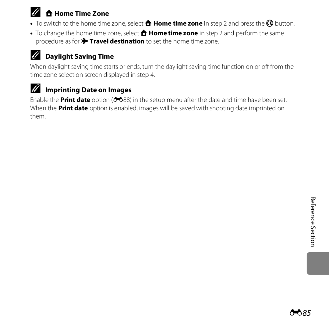 Nikon 26377, COOLPIXS5200PLUMKIT manual E85, WHome Time Zone, Daylight Saving Time, Imprinting Date on Images 