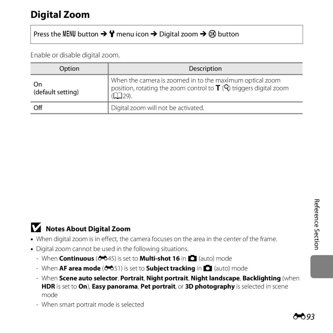 Nikon COOLPIXS5200PLUMKIT, 26377, COOLPIXS5200RED Digital Zoom, E93, When smart portrait mode is selected Reference Section 