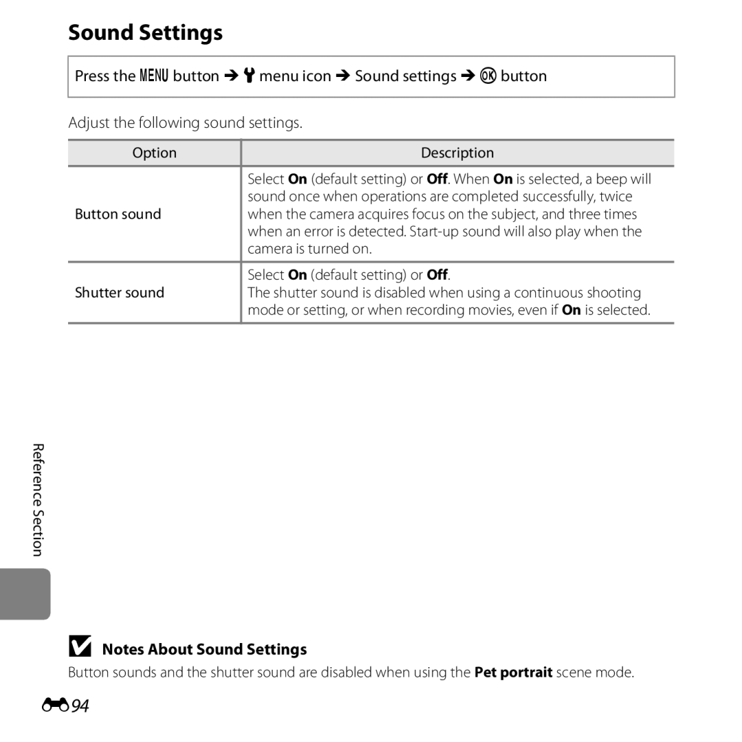 Nikon COOLPIXS5200RED, 26377, COOLPIXS5200PLUMKIT, COOLPIXS5200BLK manual Sound Settings, E94 