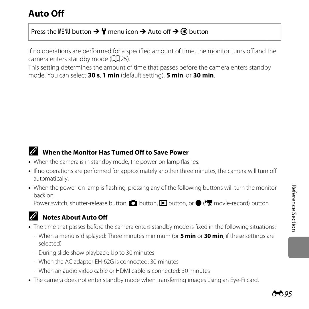 Nikon COOLPIXS5200BLK, 26377, COOLPIXS5200PLUM, COOLPIXS5200RED Auto Off, E95, When the Monitor Has Turned Off to Save Power 
