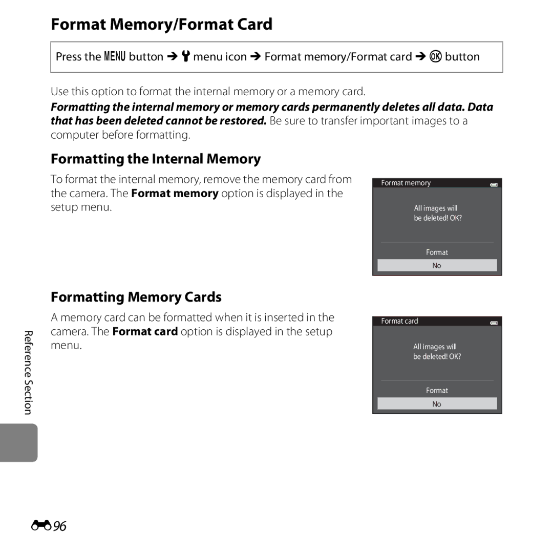 Nikon 26377, COOLPIXS5200RED Format Memory/Format Card, Formatting the Internal Memory, Formatting Memory Cards, E96 