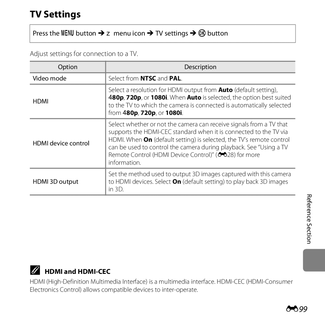 Nikon COOLPIXS5200PLUMKIT, 26377, COOLPIXS5200RED, COOLPIXS5200BLK manual TV Settings, E99, Hdmi and HDMI-CEC 