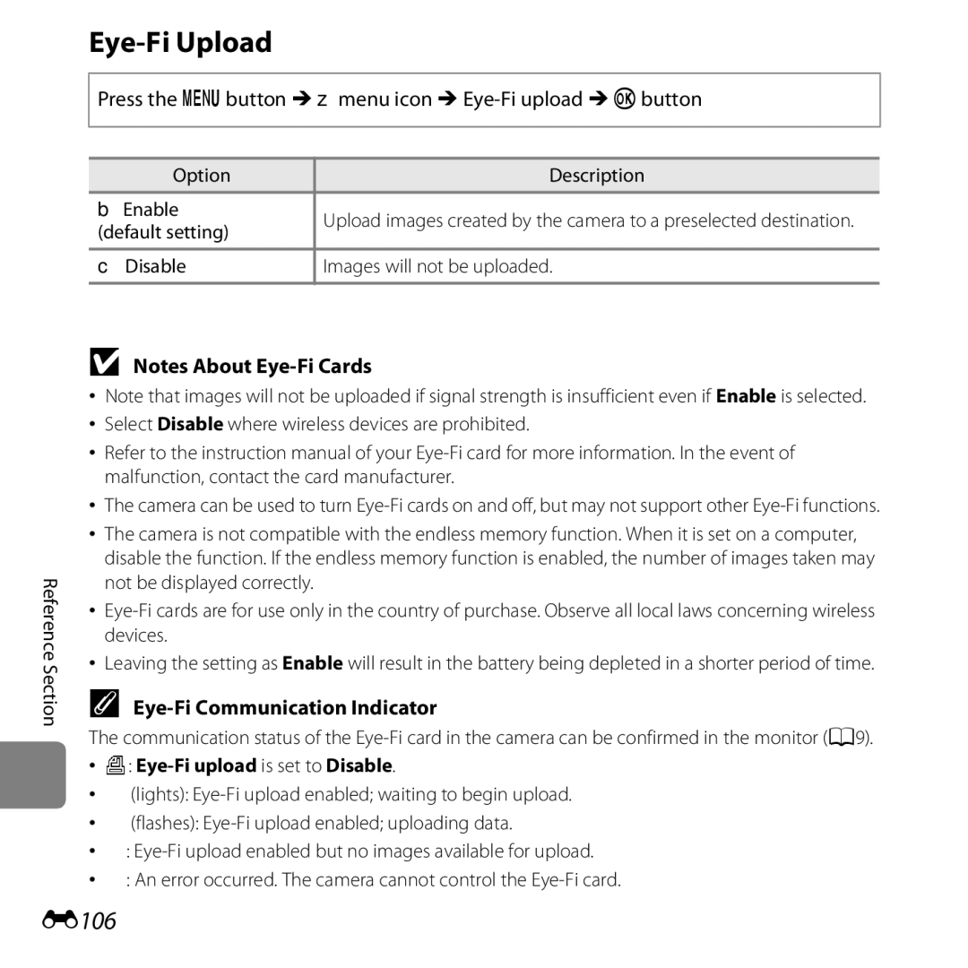 Nikon COOLPIXS5200RED, 26377 manual Eye-Fi Upload, E106, Eye-Fi Communication Indicator, Option Description BEnable 