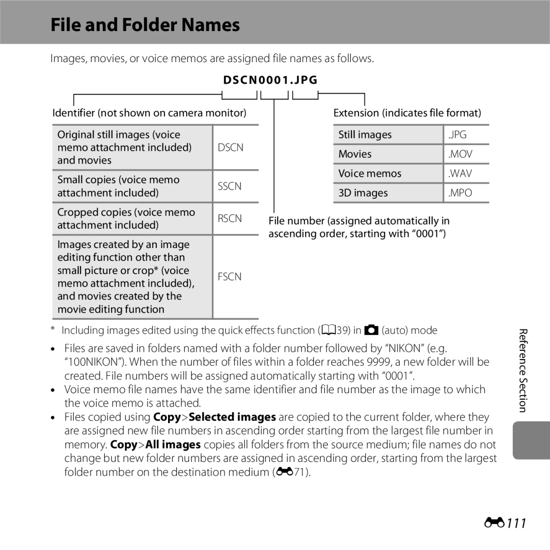 Nikon COOLPIXS5200PLUMKIT, 26377, COOLPIXS5200RED, COOLPIXS5200BLK manual File and Folder Names, E111, DSCN0001 . JPG 