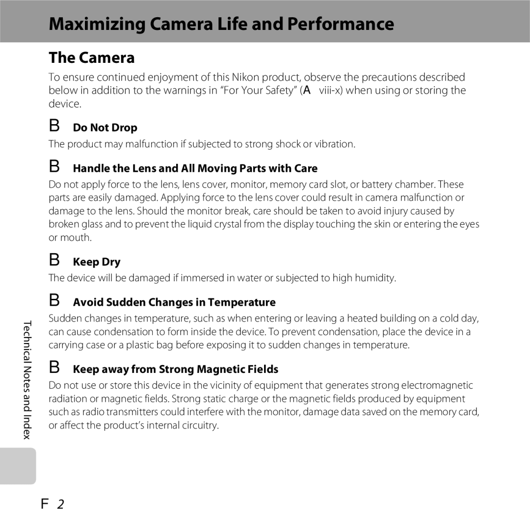 Nikon 26377, COOLPIXS5200PLUMKIT, COOLPIXS5200RED, COOLPIXS5200BLK manual Maximizing Camera Life and Performance 