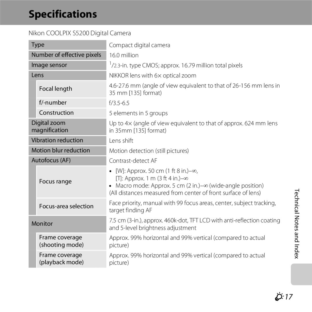 Nikon COOLPIXS5200BLK, 26377, COOLPIXS5200PLUMKIT, COOLPIXS5200RED manual Specifications, F17, Type 