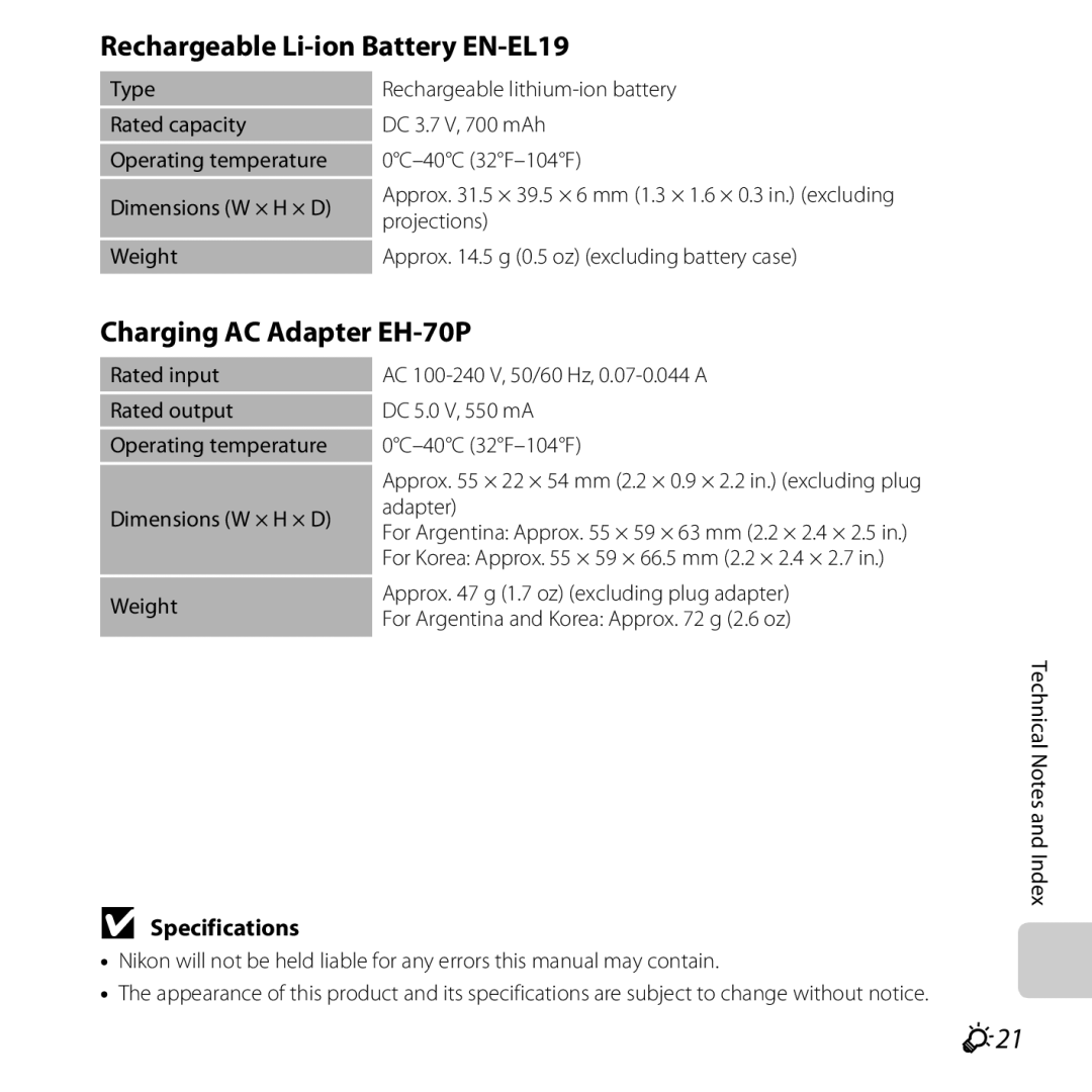 Nikon COOLPIXS5200PLUMKIT, 26377 manual Rechargeable Li-ion Battery EN-EL19, Charging AC Adapter EH-70P, F21, Specifications 