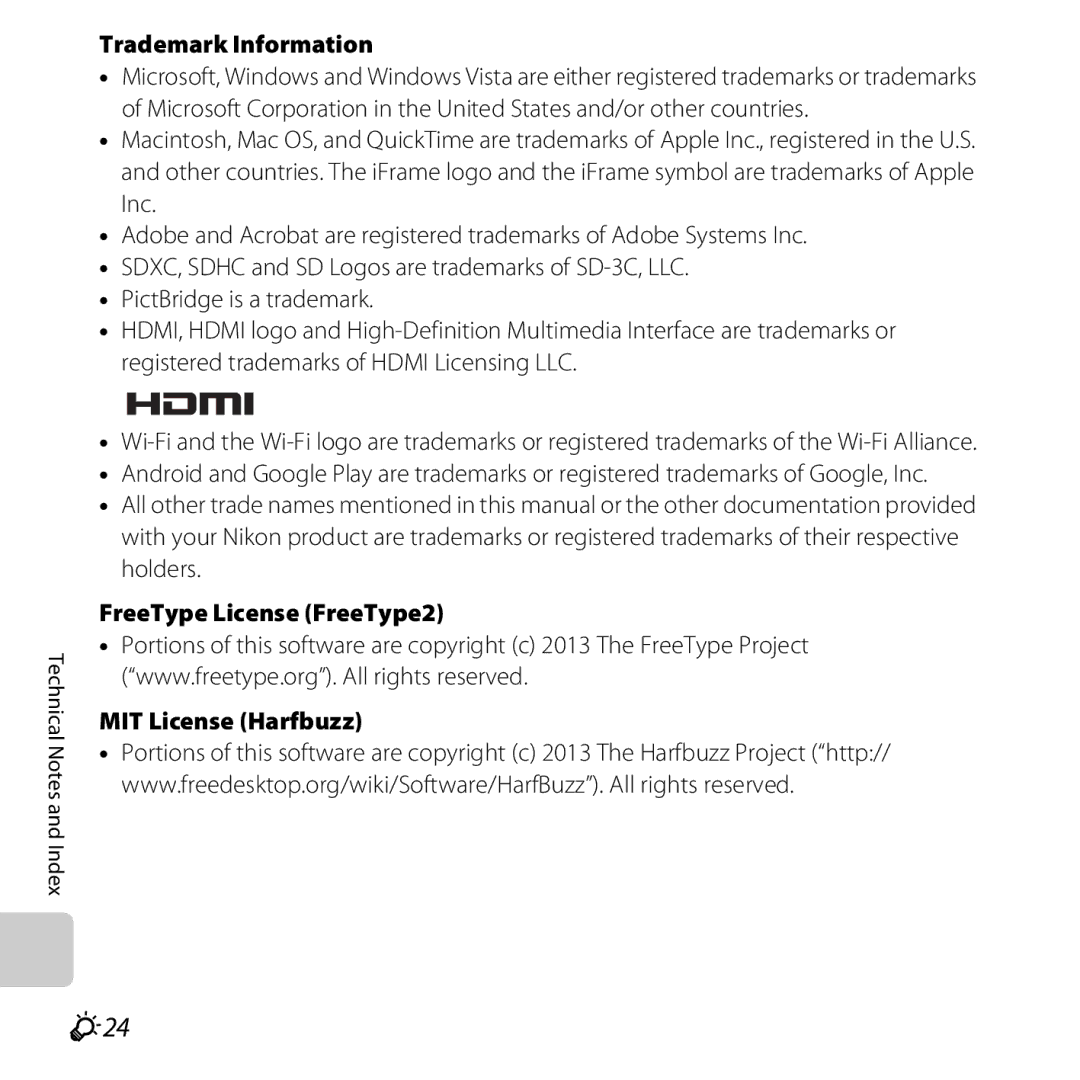 Nikon 26377, COOLPIXS5200PLUMKIT, COOLPIXS5200RED, COOLPIXS5200BLK manual F24, Trademark Information 