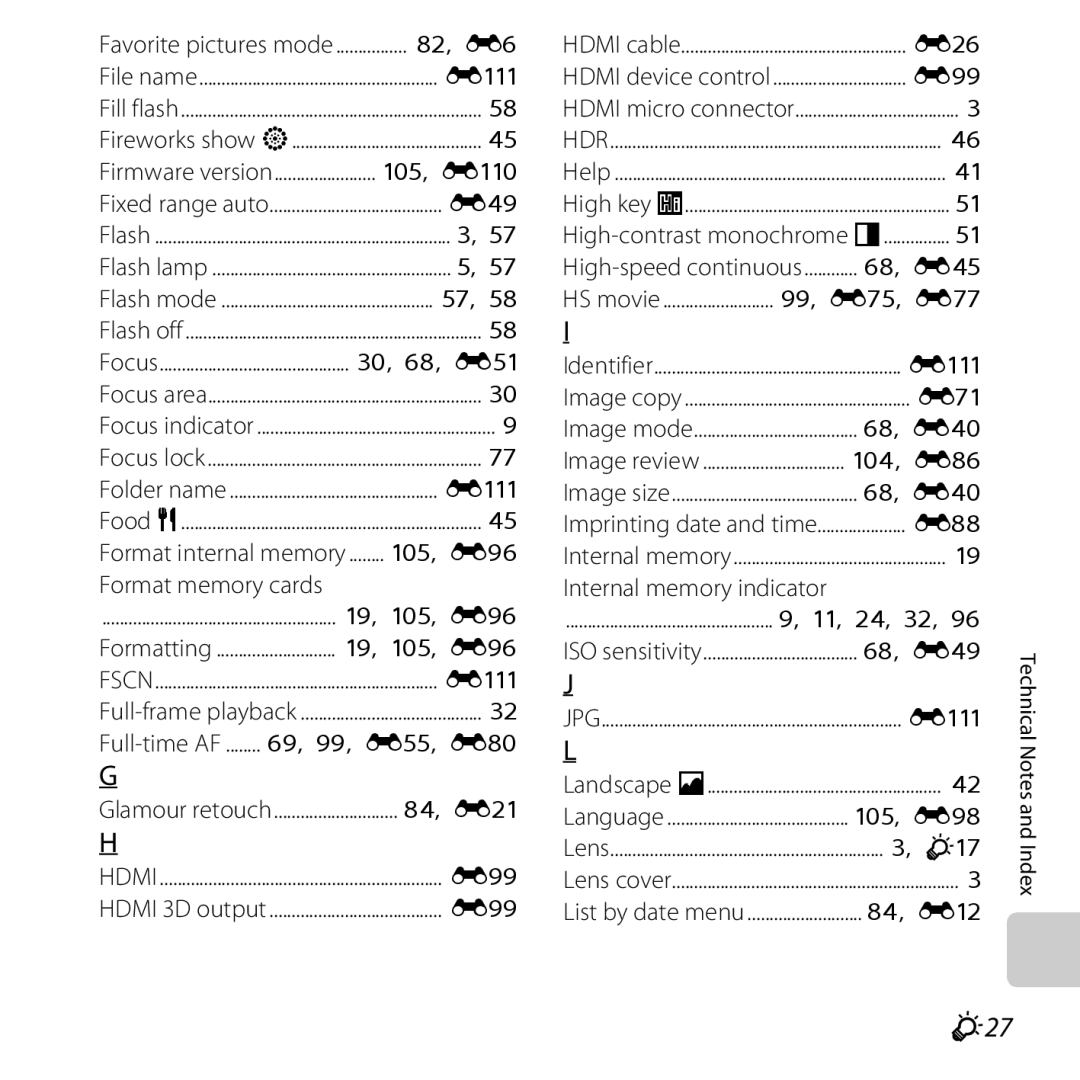 Nikon COOLPIXS5200PLUMKIT, 26377 F27, Favorite pictures mode, Format internal memory ....... , E96, Format memory cards 