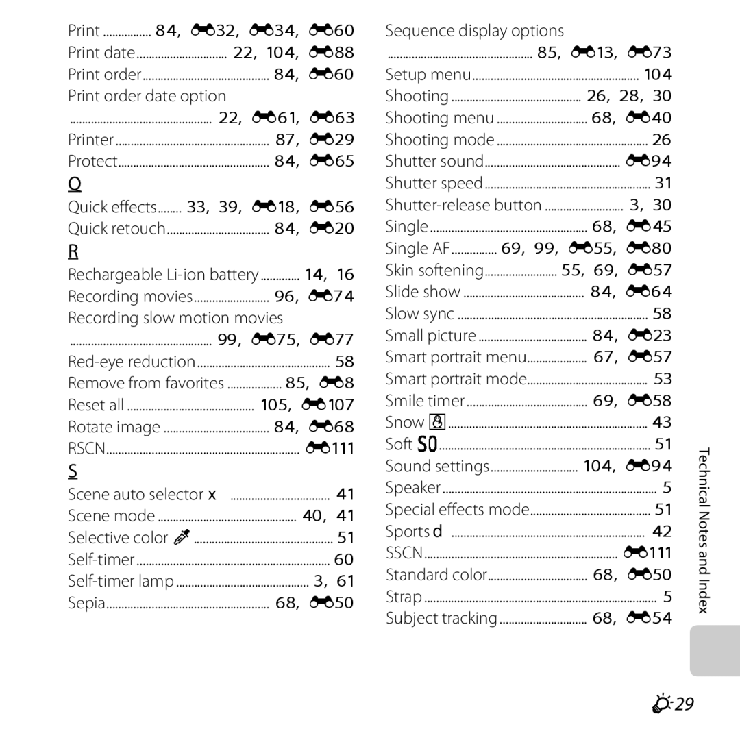 Nikon COOLPIXS5200BLK, 26377 manual F29, Print order date option, Rechargeable Li-ion battery, Shutter-release button 