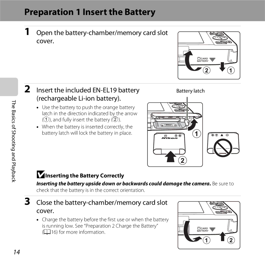 Nikon 26377 Preparation 1 Insert the Battery, Open the battery-chamber/memory card slot cover, Rechargeable Li-ion battery 