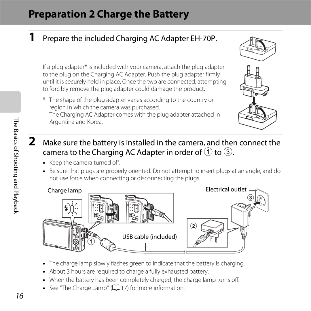 Nikon COOLPIXS5200PLUM, 26377 manual Preparation 2 Charge the Battery, Prepare the included Charging AC Adapter EH-70P 