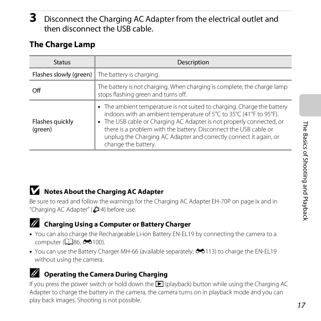 Nikon COOLPIXS5200PLUMKIT Charge Lamp, Charging Using a Computer or Battery Charger, Operating the Camera During Charging 