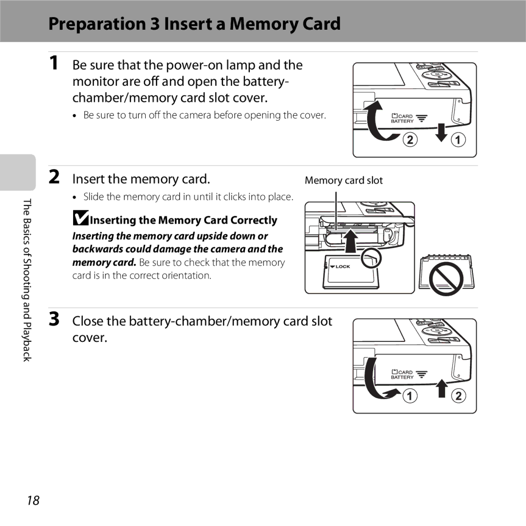 Nikon COOLPIXS5200RED Preparation 3 Insert a Memory Card, Insert the memory card, BInserting the Memory Card Correctly 