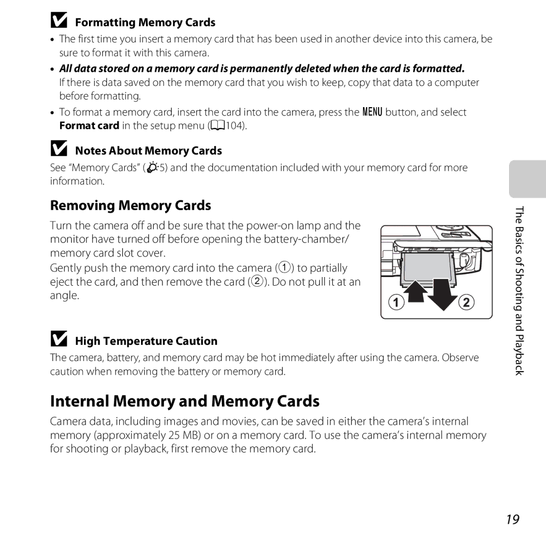 Nikon COOLPIXS5200BLK, 26377 manual Internal Memory and Memory Cards, Removing Memory Cards, Formatting Memory Cards 