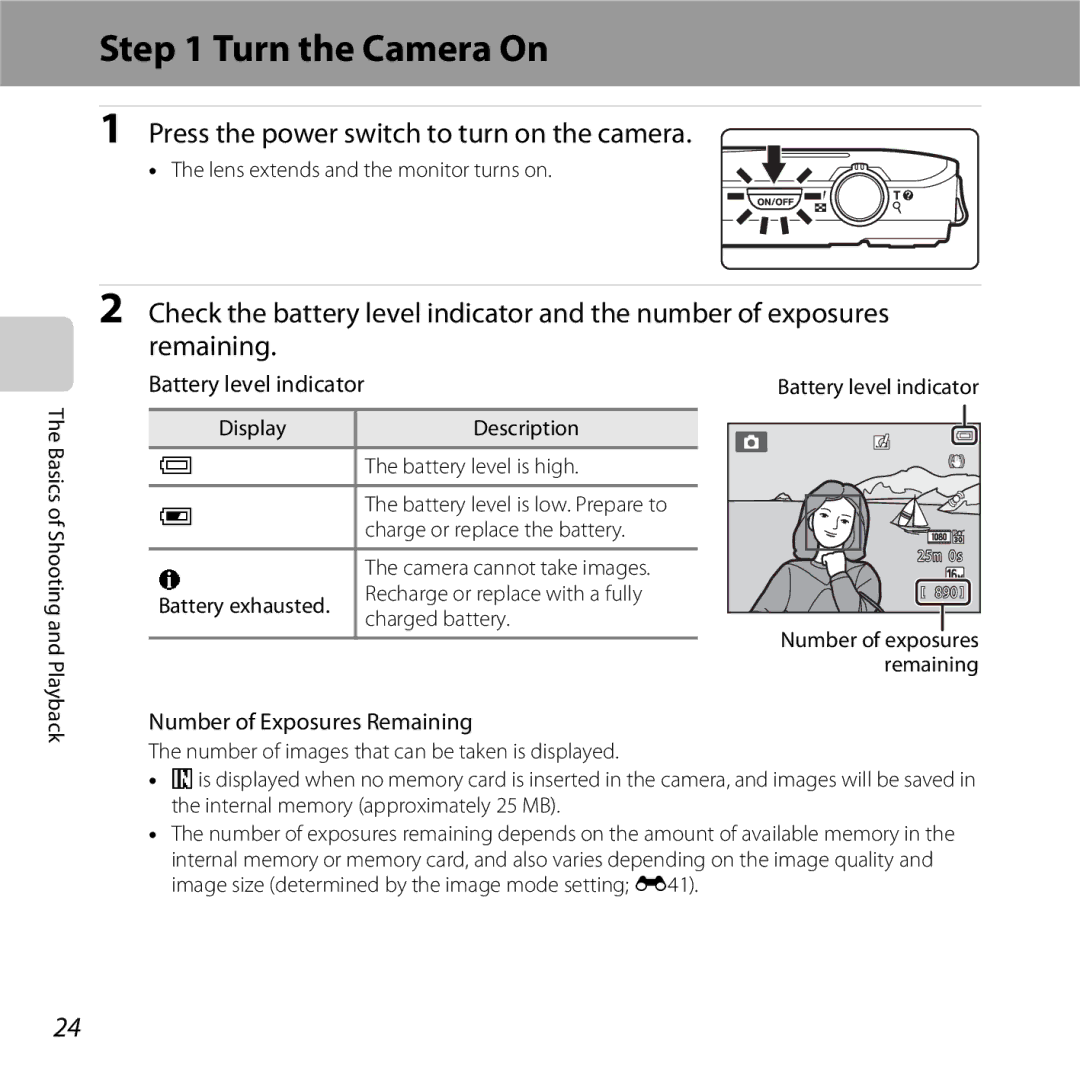 Nikon COOLPIXS5200RED Turn the Camera On, Lens extends and the monitor turns on, Display Description Battery level is high 