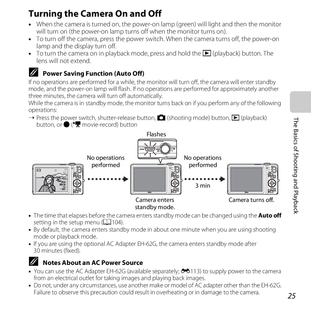 Nikon COOLPIXS5200BLK, 26377 manual Turning the Camera On and Off, Power Saving Function Auto Off, Flashes, Camera enters 