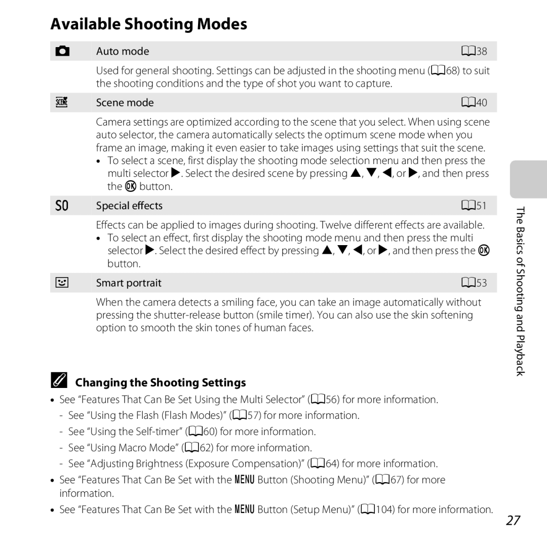 Nikon 26377, COOLPIXS5200PLUMKIT, COOLPIXS5200RED manual Available Shooting Modes, Changing the Shooting Settings 