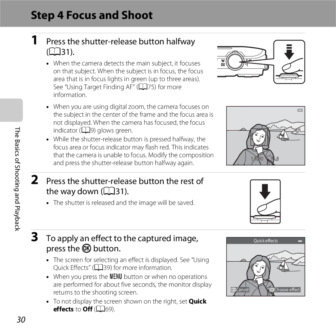 Nikon COOLPIXS5200RED, 26377, COOLPIXS5200PLUM manual Focus and Shoot, Press the shutter-release button halfway A31, Basics 