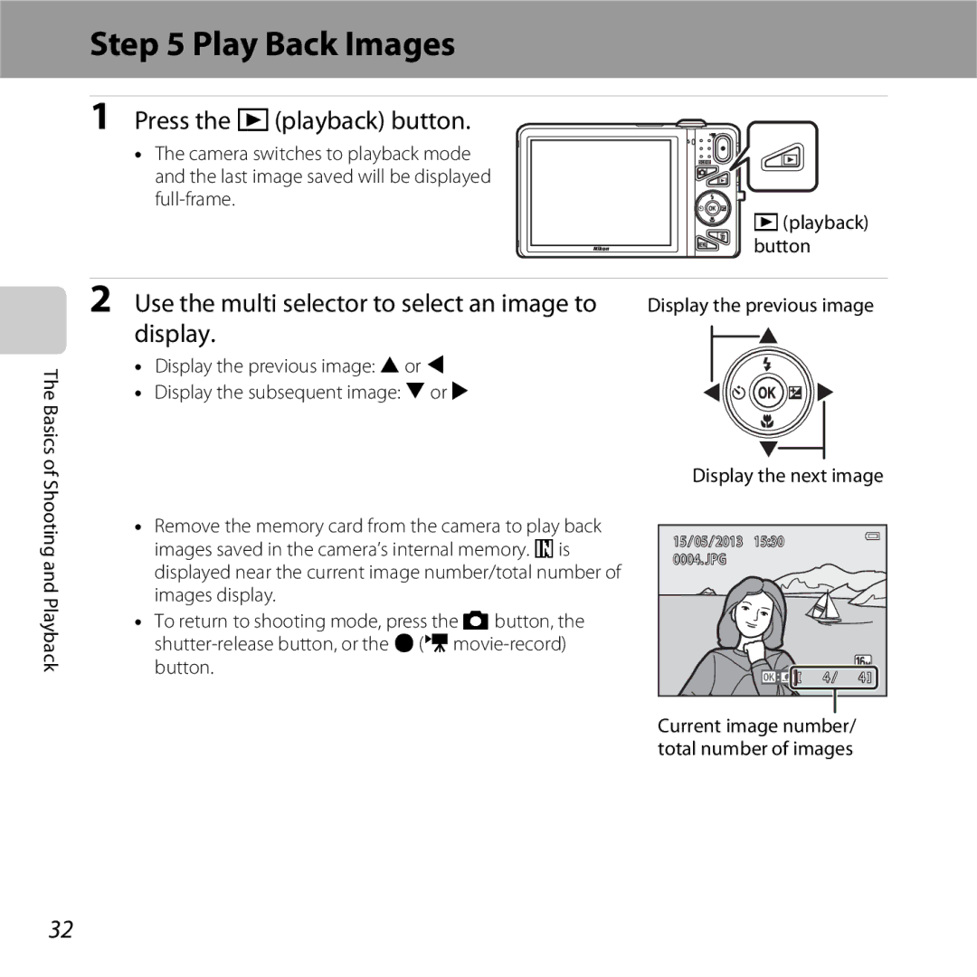 Nikon 26377, S5200 Play Back Images, Press the cplayback button, Use the multi selector to select an image to, Display 