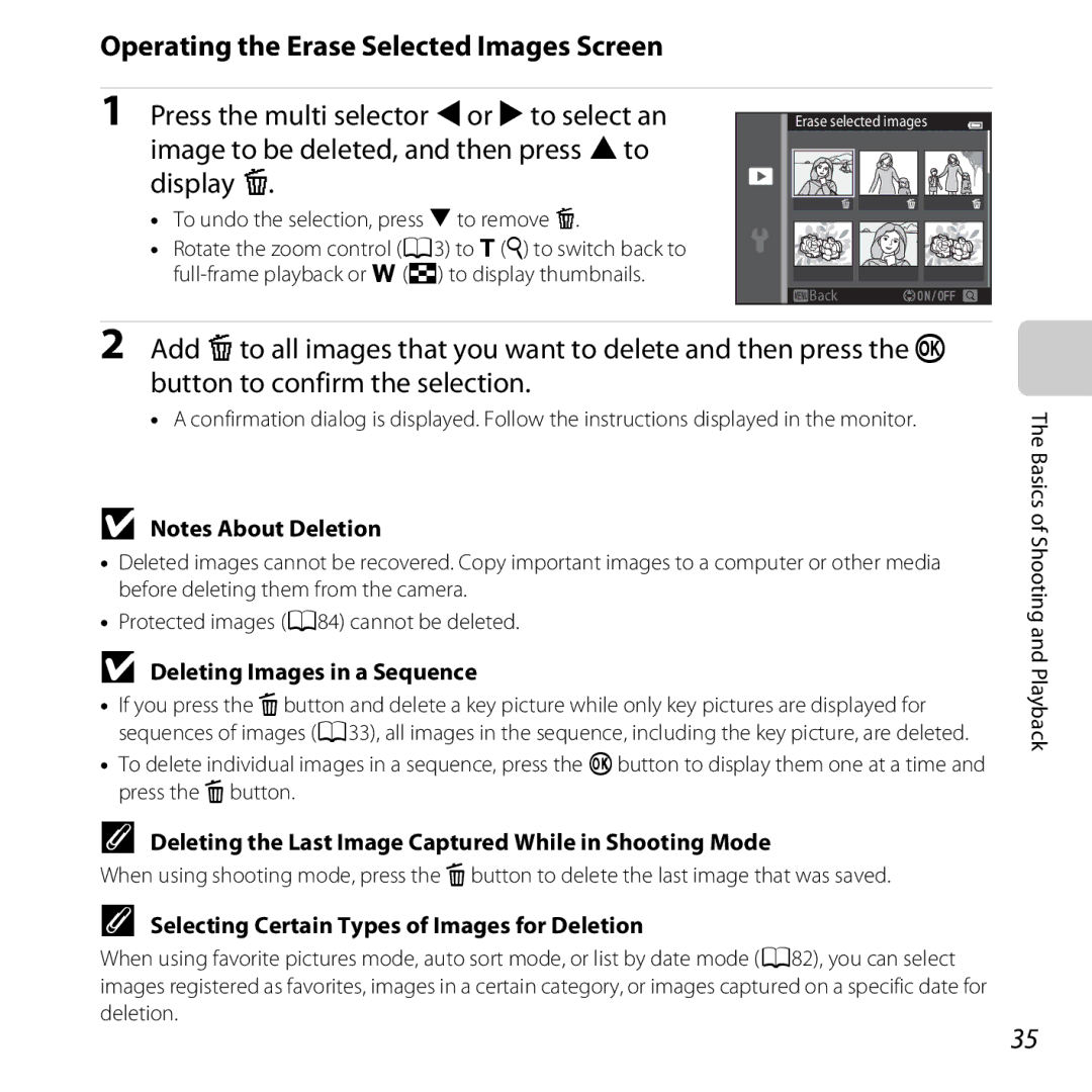 Nikon COOLPIXS5200PLUMKIT, 26377, COOLPIXS5200RED Operating the Erase Selected Images Screen, Deleting Images in a Sequence 