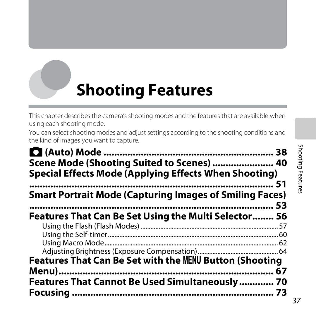 Nikon COOLPIXS5200BLK manual Features That Can Be Set with the dButton Shooting, Scene Mode Shooting Suited to Scenes, Menu 