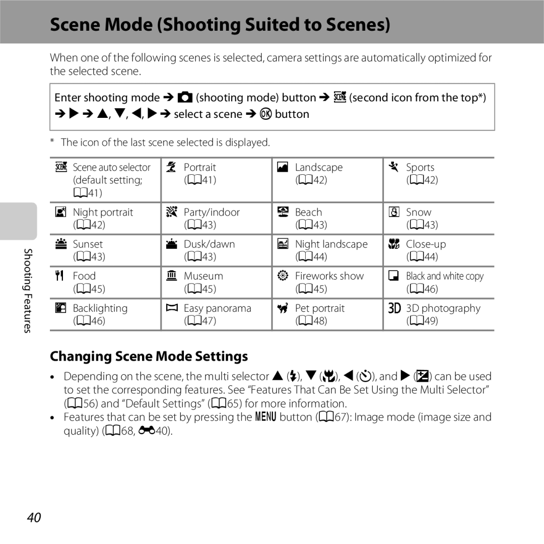 Nikon 26377, COOLPIXS5200PLUMKIT, COOLPIXS5200RED Scene Mode Shooting Suited to Scenes, Changing Scene Mode Settings 