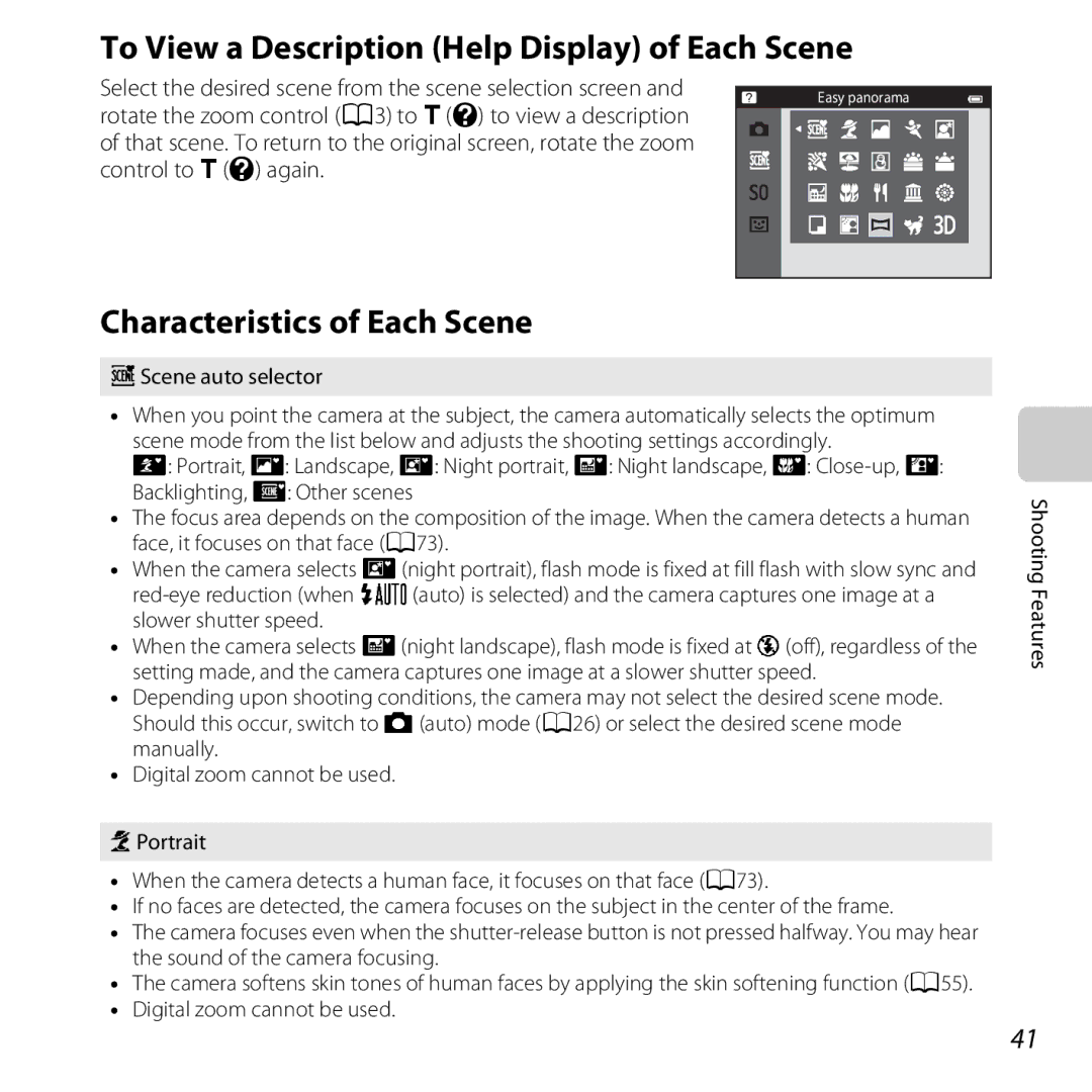 Nikon COOLPIXS5200PLUMKIT, 26377 manual To View a Description Help Display of Each Scene, Characteristics of Each Scene 