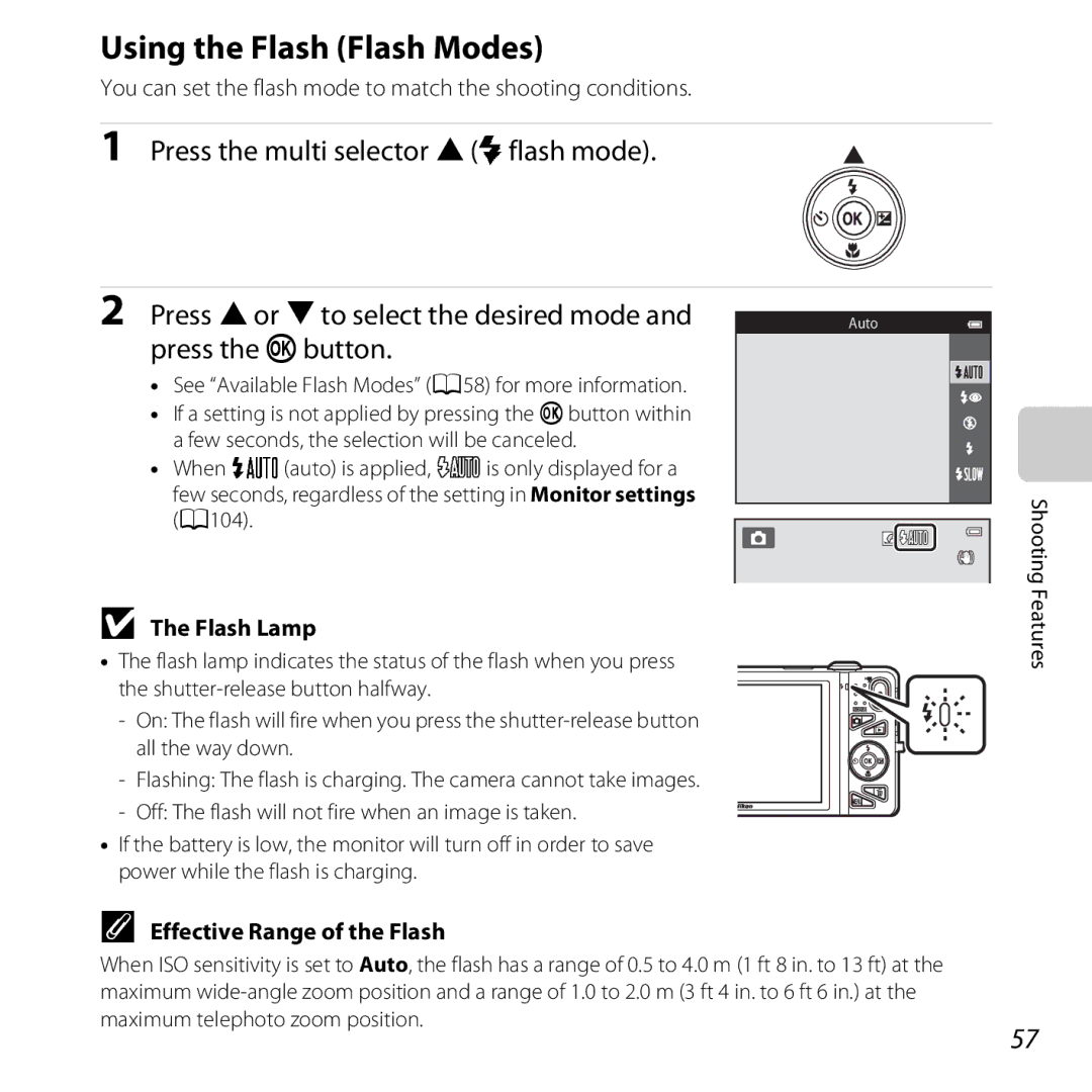 Nikon 26377, COOLPIXS5200PLUMKIT manual Using the Flash Flash Modes, Flash Lamp, Effective Range of the Flash 