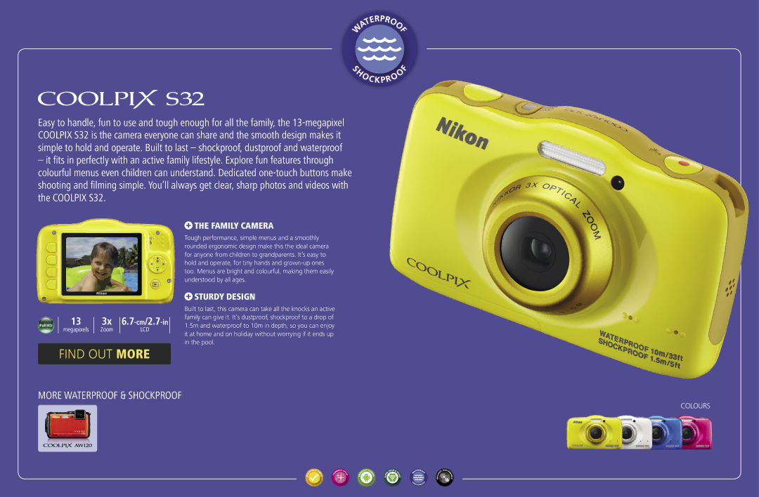 Nikon 26431, 26434, 26433 manual More Waterproof & Shockproof, Family camera, Sturdy design 