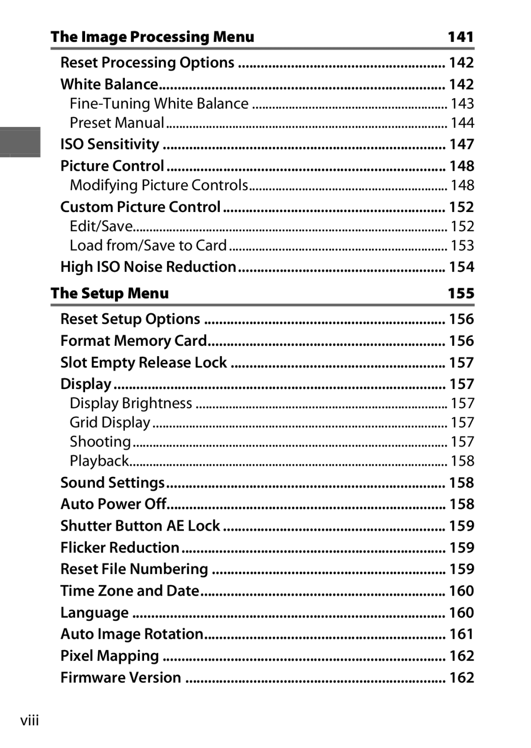 Nikon 27631, 27619, S1 White, S1 Red, 27629 manual Image Processing Menu, Setup Menu, Viii 