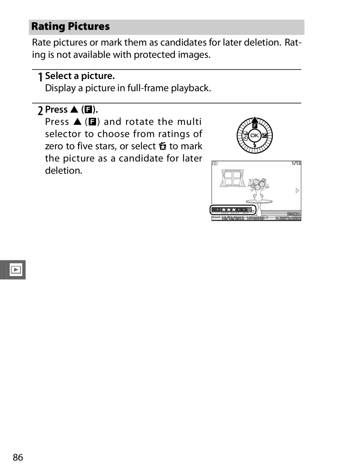 Nikon 27631, 27619, S1 White, S1 Red Rating Pictures, Select a picture, Display a picture in full-frame playback, Press 