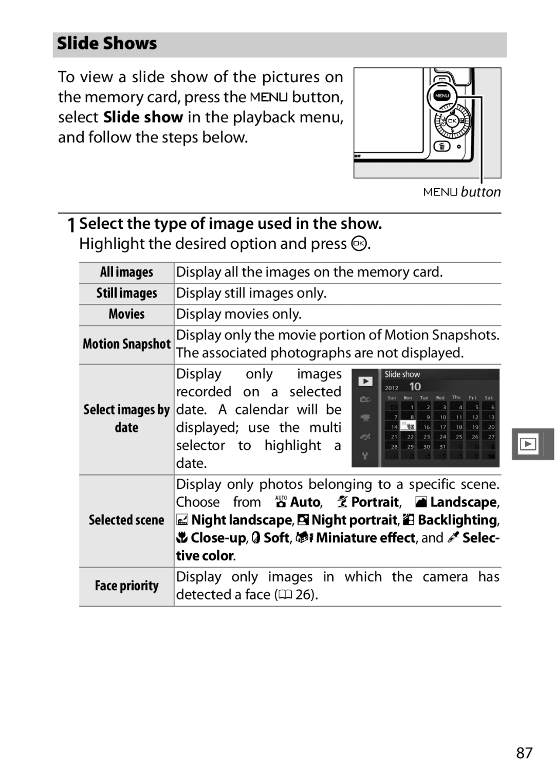 Nikon 27629, 27631, 27619, S1 Slide Shows, IAuto KPortrait , lLandscape, JNight landscape , oNight portrait , mBacklighting 