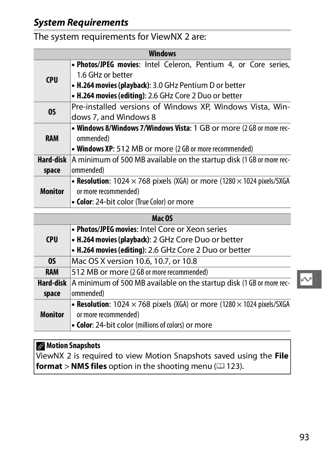 Nikon 27629, 27631, 27619, S1 White, S1 Red manual System Requirements, System requirements for ViewNX 2 are 