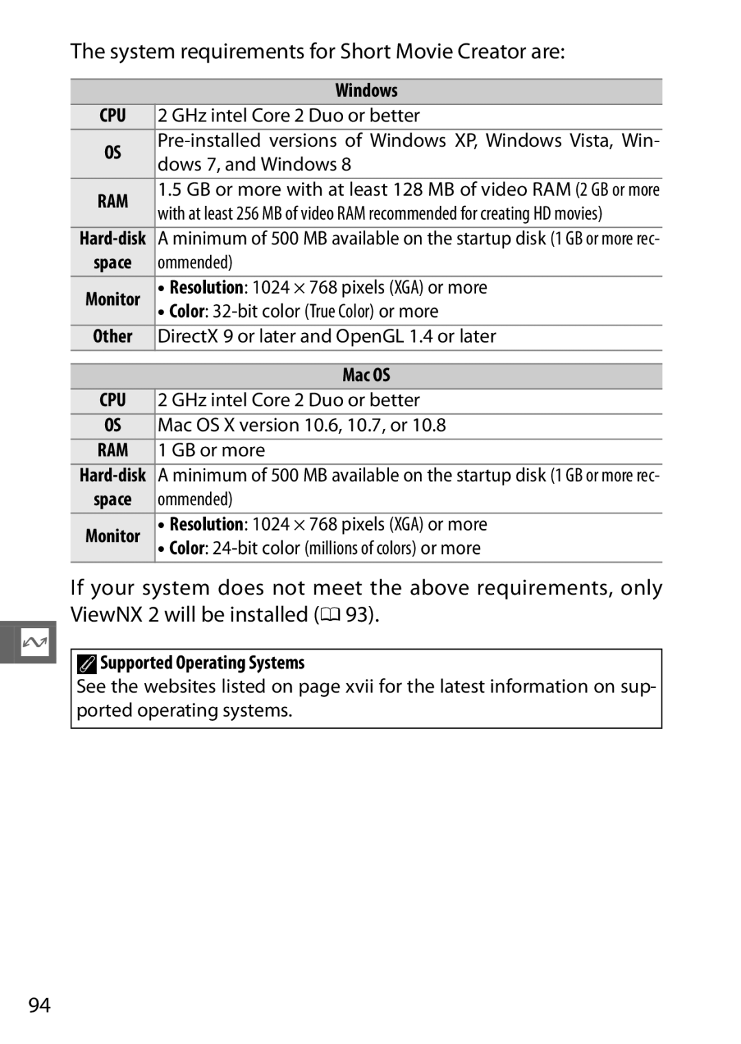 Nikon 27631, 27619, S1 White, S1 Red, 27629 System requirements for Short Movie Creator are, ASupported Operating Systems 