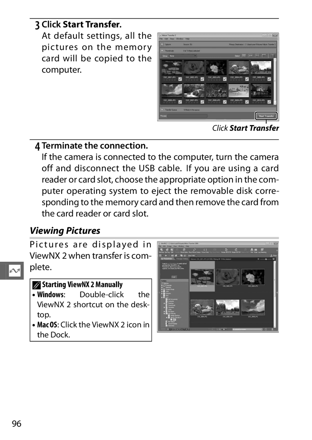 Nikon S1 White, 27631, 27619 Viewing Pictures, Click Start Transfer, Terminate the connection, AStarting ViewNX 2 Manually 