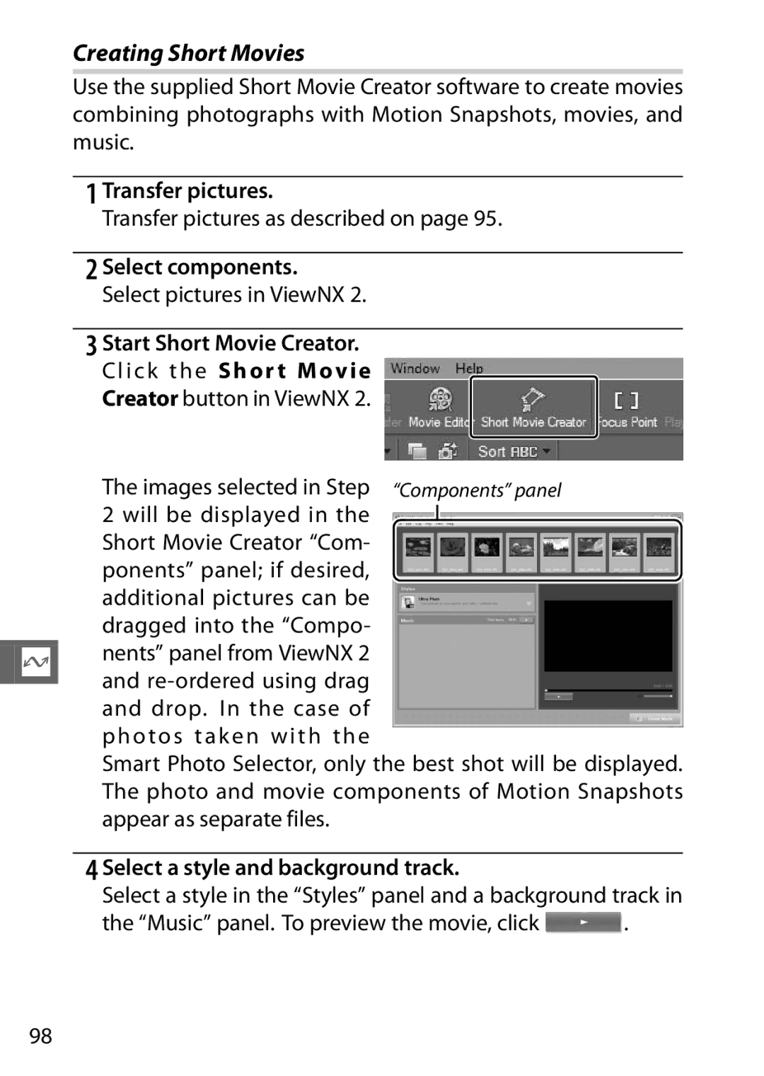 Nikon S1, 27631, 27619 Creating Short Movies, Transfer pictures, Select components, Select a style and background track 