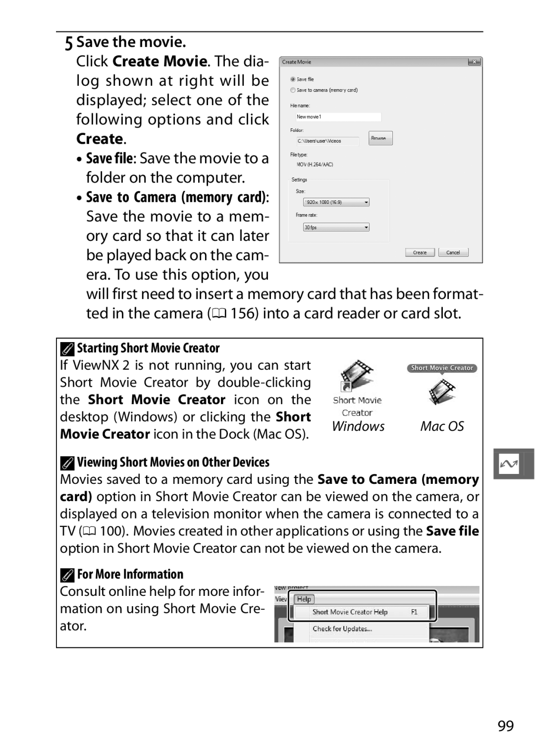 Nikon 27629, 27631, 27619, S1 White, S1 Red manual Save the movie, AStarting Short Movie Creator, Short Movie Creator icon on 