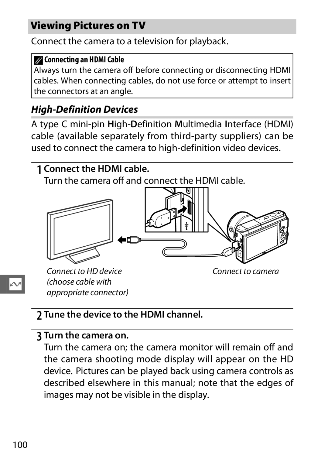 Nikon 27631, 27619, S1 White, S1 Red, 27629 manual Viewing Pictures on TV, High-Definition Devices, Connect the Hdmi cable 