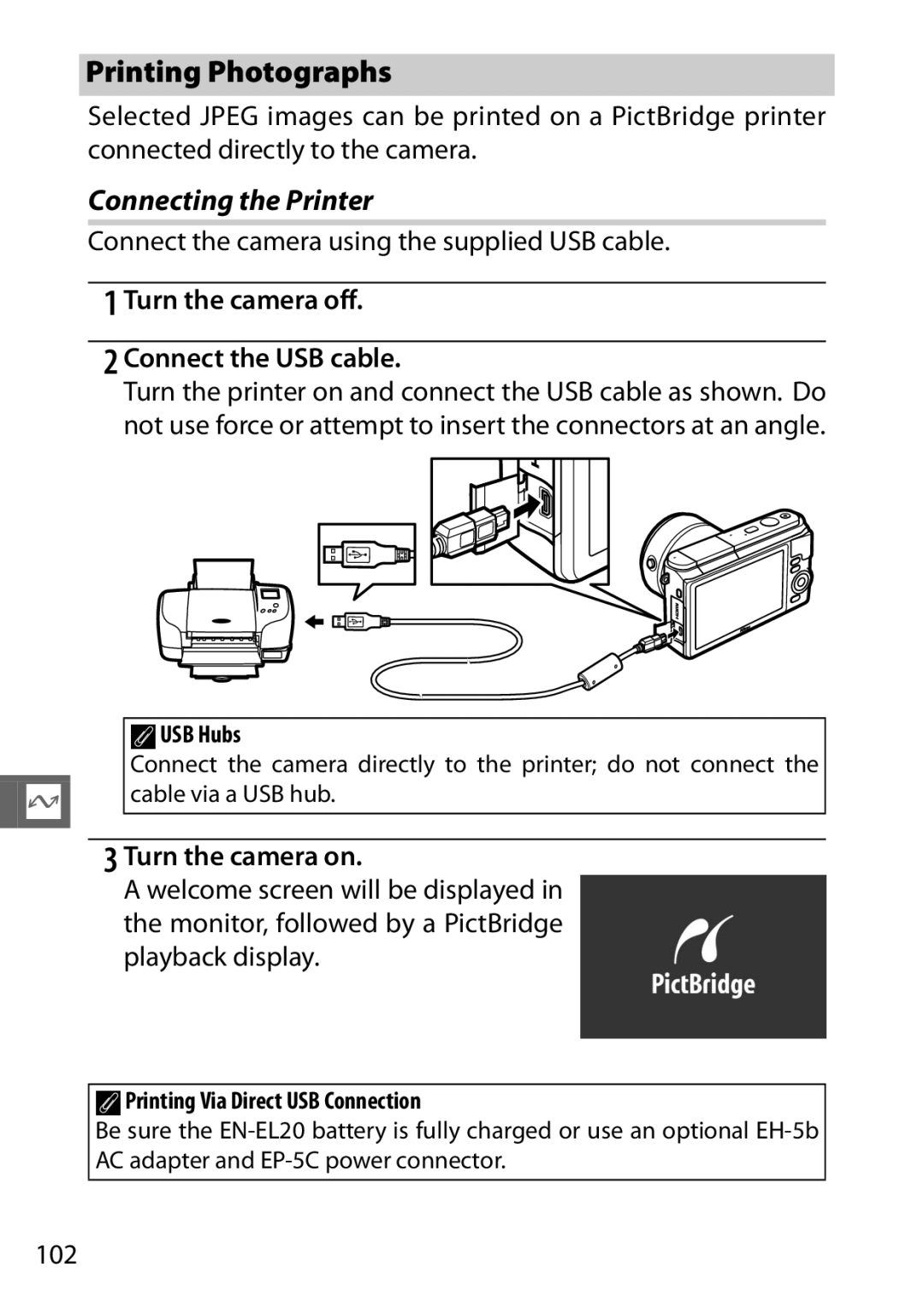 Nikon S1 White, 27631 Printing Photographs, Connecting the Printer, Connect the camera using the supplied USB cable, 102 