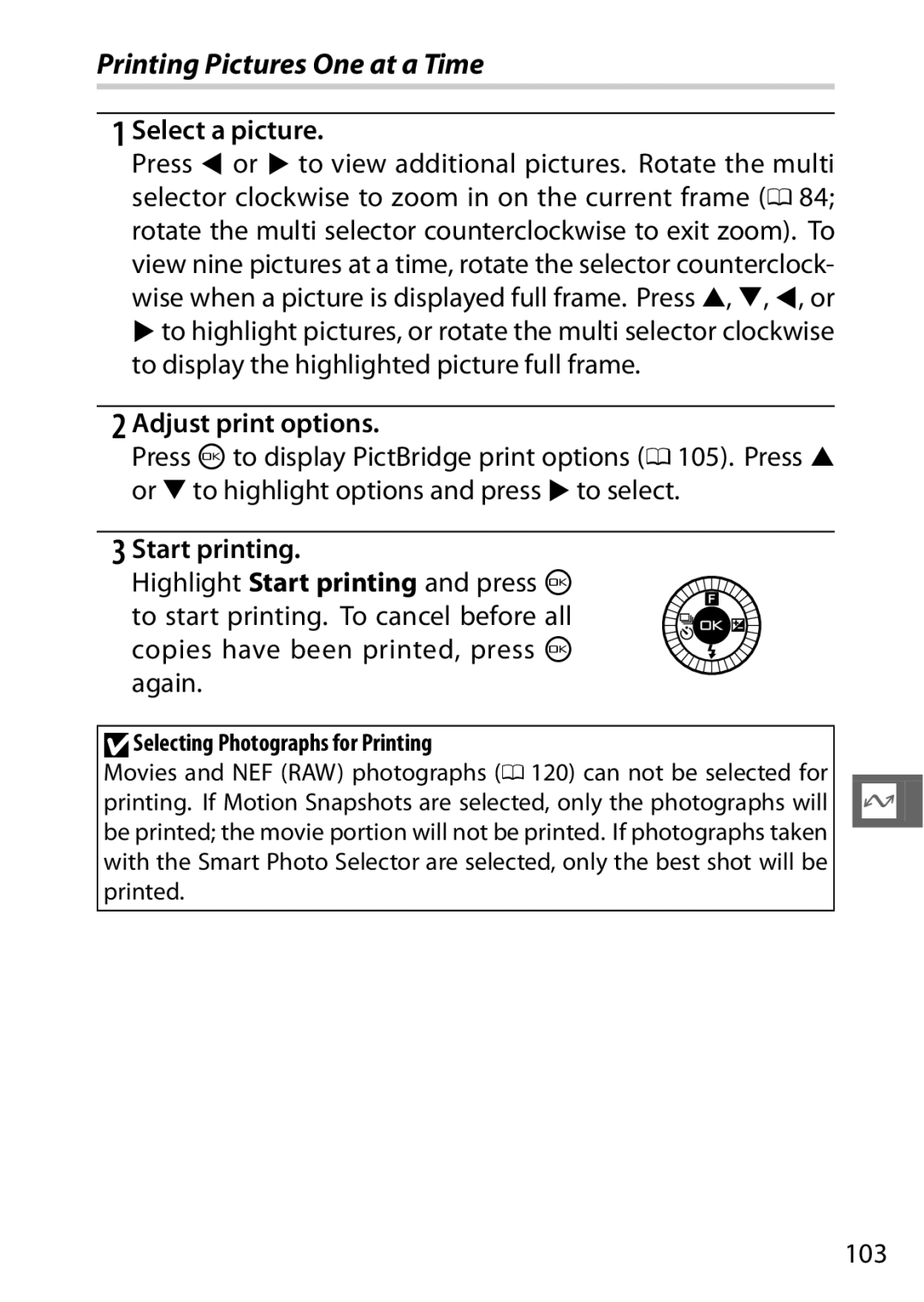 Nikon S1 Red, 27631, 27619, S1 White, 27629 manual Printing Pictures One at a Time, Adjust print options, Start printing, 103 