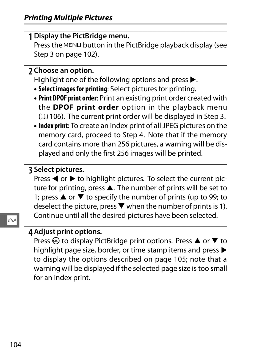 Nikon 27631, 27619, S1 White Printing Multiple Pictures, Display the PictBridge menu, Choose an option, Select pictures 