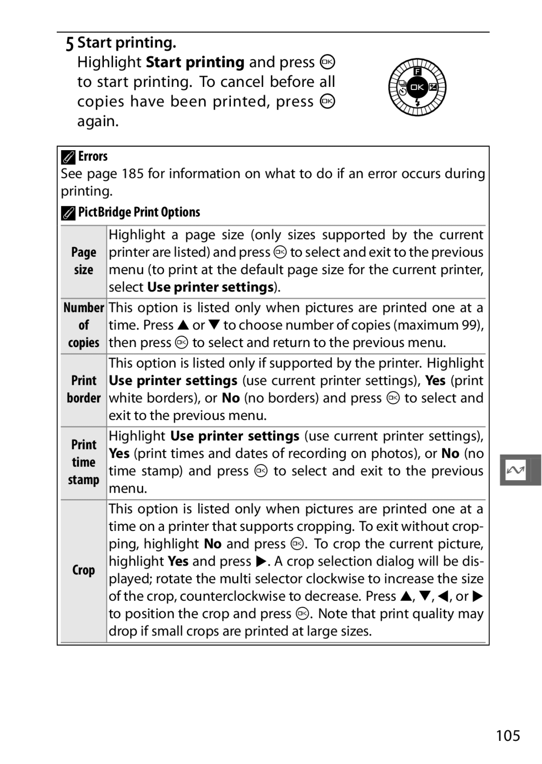 Nikon 27629, 27631, 27619, S1 White, S1 Red manual 105, Errors, APictBridge Print Options, Select Use printer settings 