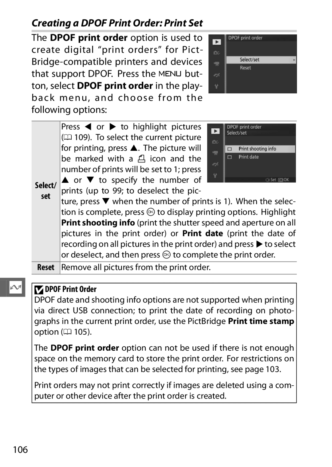 Nikon 27631, 27619, S1 White, S1 Red, 27629 manual Creating a Dpof Print Order Print Set, 106, Ddpof Print Order 