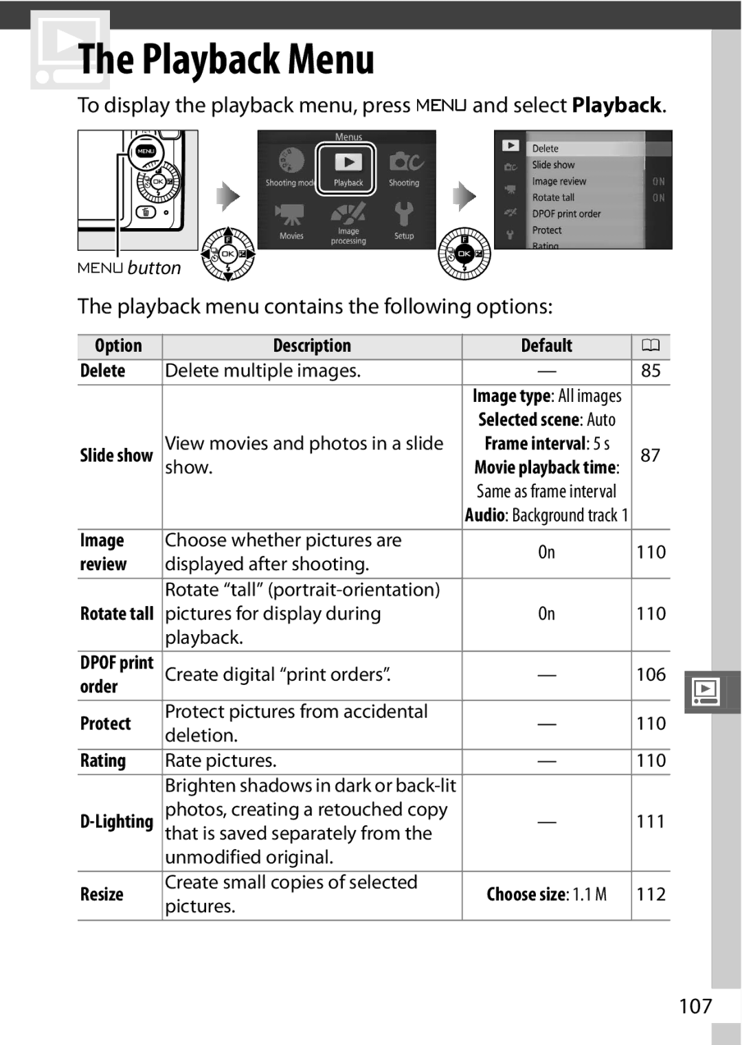 Nikon 27619 To display the playback menu, press G and select Playback, Playback menu contains the following options, 107 