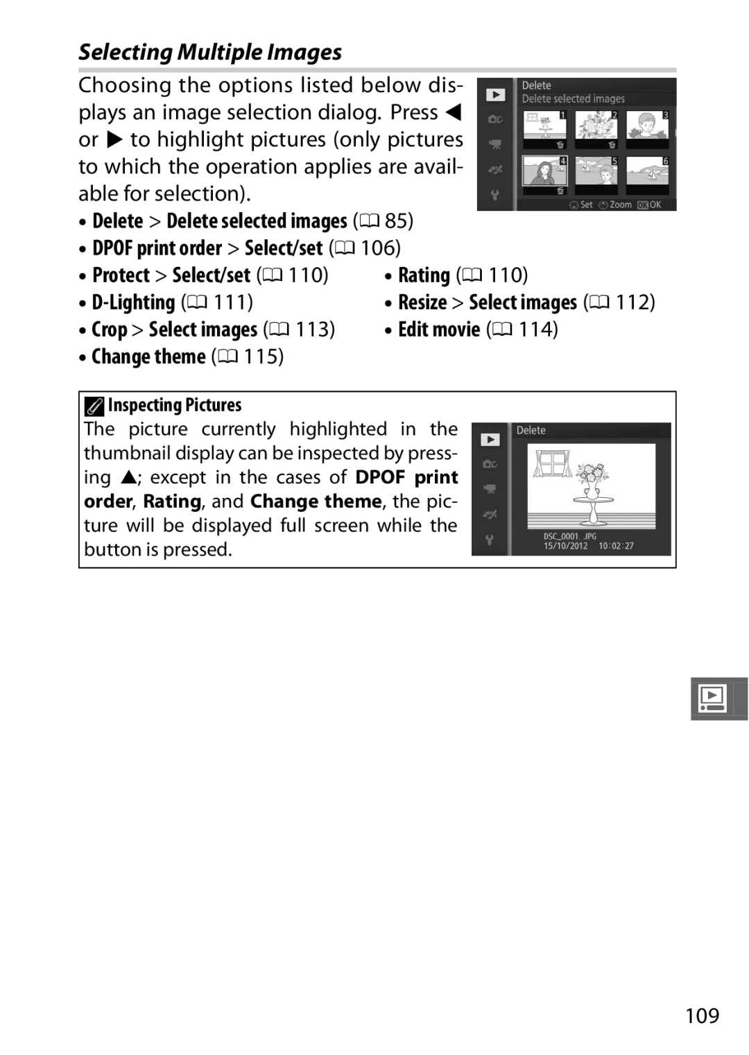 Nikon S1 Red, 27631, 27619, S1 White, 27629 manual Selecting Multiple Images, Edit movie 0, Change theme 0, 109 