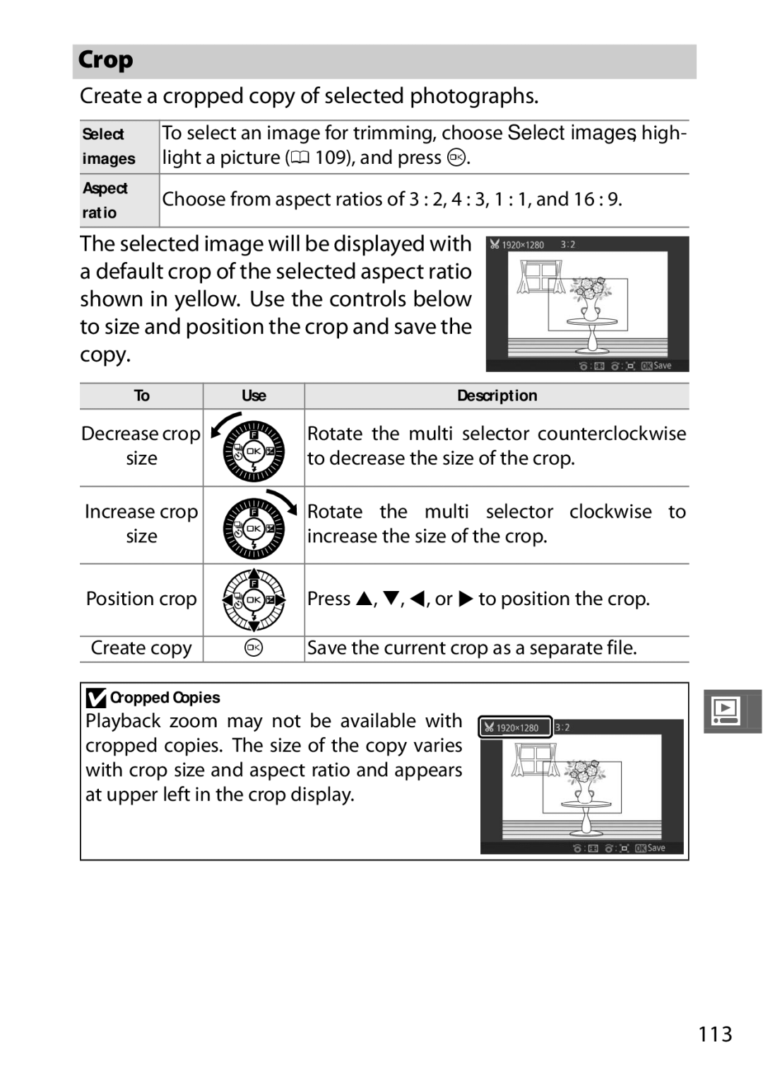 Nikon 27619, 27631, S1 White, S1 Red, 27629 manual Crop, Create a cropped copy of selected photographs, 113 