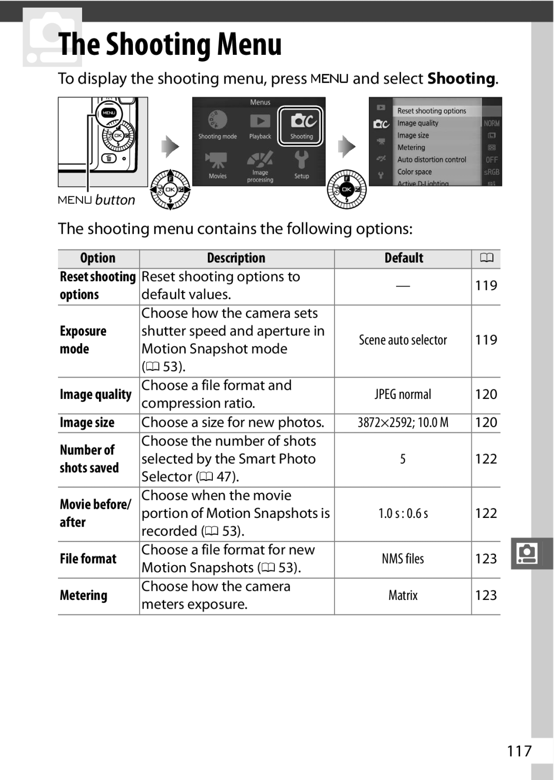 Nikon 27629 To display the shooting menu, press G and select Shooting, Shooting menu contains the following options, 117 