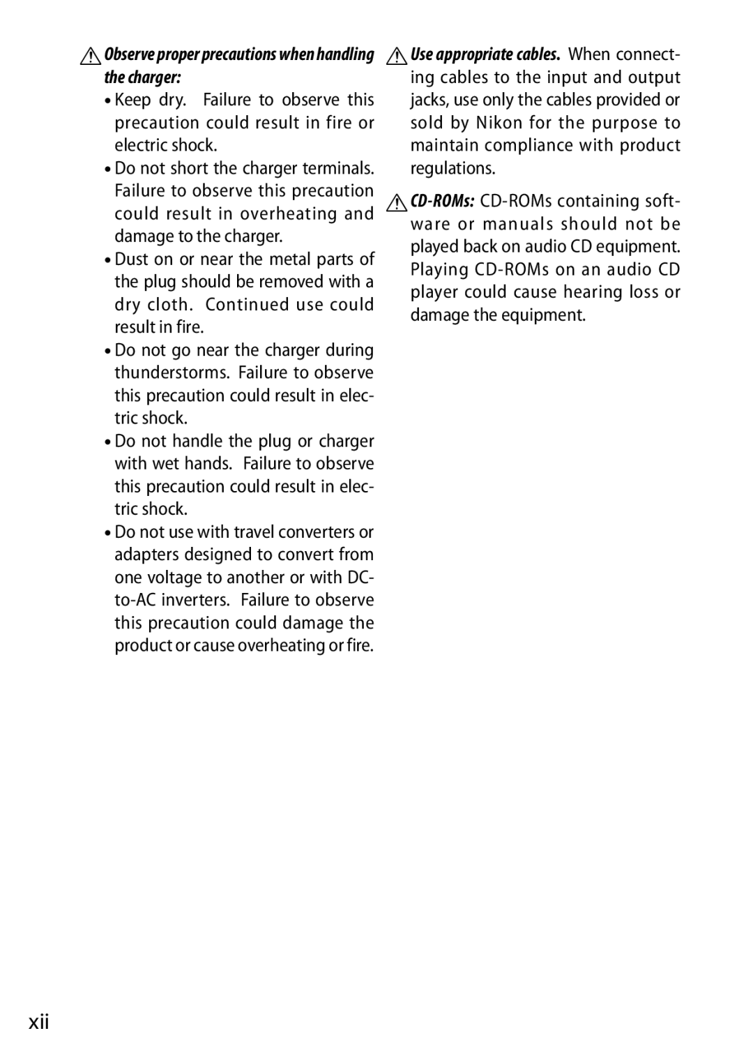 Nikon S1 White, 27631, 27619, S1 Red, 27629 manual Xii, AObserve proper precautions when handling the charger 